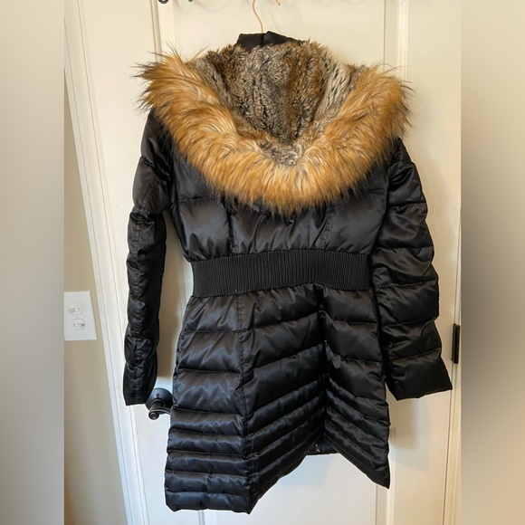 Laundry Puffer Coat Women’s Medium Black Shiny Faux Fur Hood Knee Length Winter - Picture 2 of 2